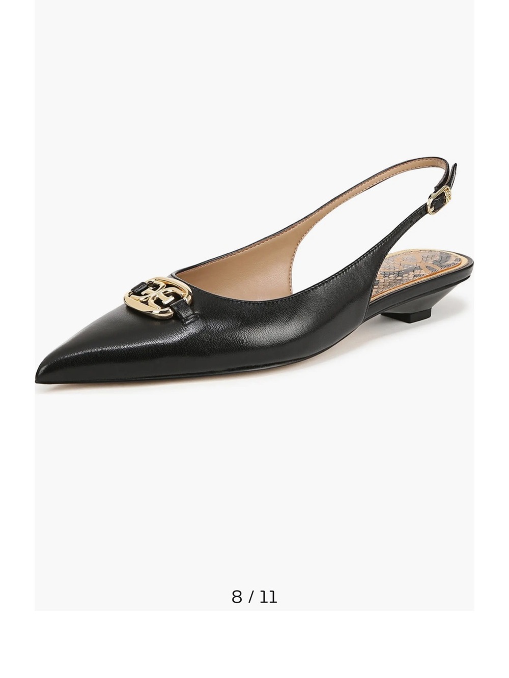 Black Leather Pointed Slingback Flat with Gold Hardware - Picture 8 of 8